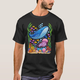 Kleurrijke oceaanwalvis en kwal onderwater rif t-shirt