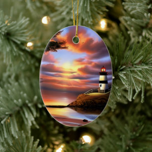 Kleurrijke Ocean Sunset en Vuurtoren Gepersonalise Keramisch Ornament