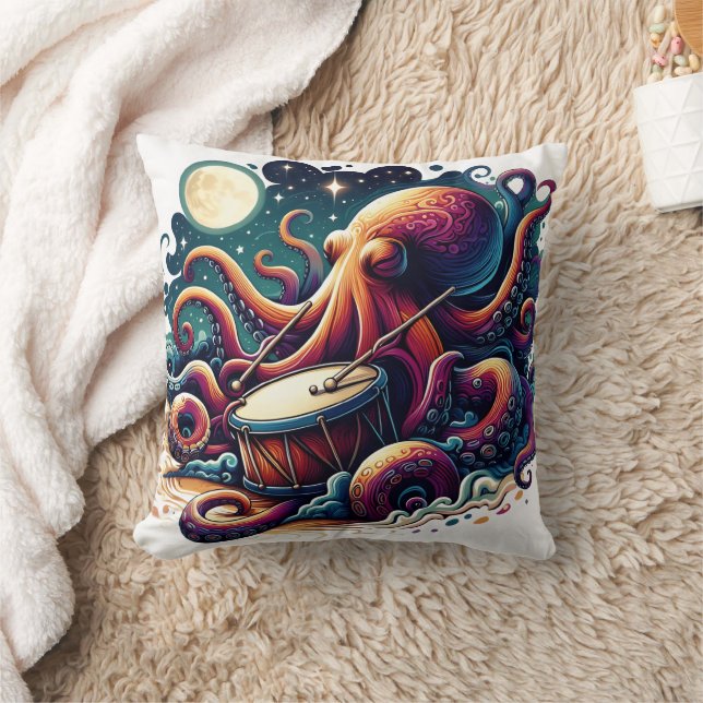 Kleurrijke octopus die drum speelt onder maanlicht kussen (Deken)