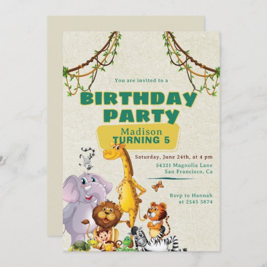 Kleurrijke Oerwoud thema Kids Verjaardagsuitnodigi Kaart (Voorkant / Achterkant)