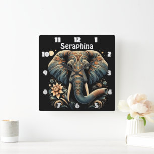 Kleurrijke olifant met florale design vierkante klok