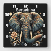Kleurrijke olifant met florale design vierkante klok (Voorkant)