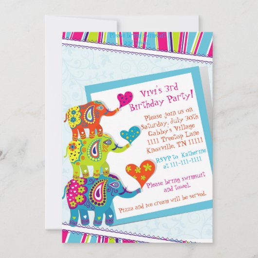 Kleurrijke Olifant Verjaardag Uitnodiging (Voorkant)