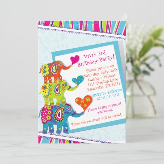 Kleurrijke Olifant Verjaardag Uitnodiging (Staand voorkant)