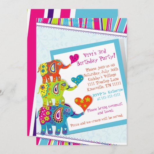 Kleurrijke Olifant Verjaardag Uitnodiging (Voorkant / Achterkant)