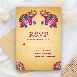 Kleurrijke Olifanten Indiase Bruiloft RSVP Kaartje