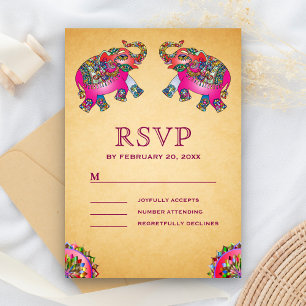 Kleurrijke Olifanten Indiase Bruiloft RSVP Kaartje
