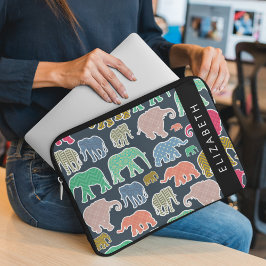Kleurrijke olifanten, Olifantspatroon, Jouw naam Laptop Sleeve