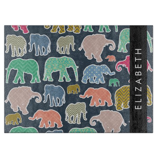 Kleurrijke olifanten, Olifantspatroon, Jouw naam Snijplank (Voorkant)