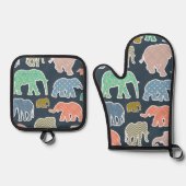 kleurrijke olifanten, patroon van olifanten, zigza ovenwant & pannenlap set (Voorkant)