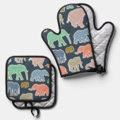 kleurrijke olifanten, patroon van olifanten, zigza ovenwant & pannenlap set (Voorkant / Achterkant)
