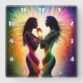 Kleurrijke omhelzing van twee figuren in de Abstra Vierkante Klok (Voorkant)