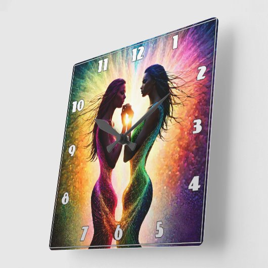 Kleurrijke omhelzing van twee figuren in de Abstra Vierkante Klok (Hoek)