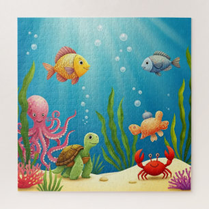 Kleurrijke onderwater vis krab schildpad zeewier legpuzzel