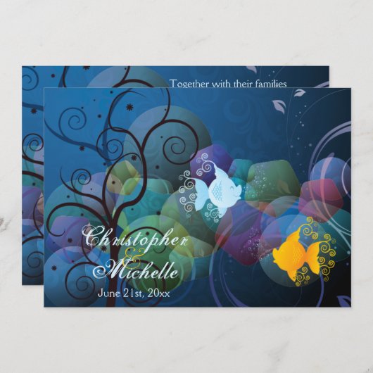 Kleurrijke onderwater vis paar bruiloft uitnodigin kaart (Voorkant / Achterkant)