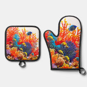 Kleurrijke Onderwater Zee Life Design Ovenwant & Pannenlap Set (Voorkant)