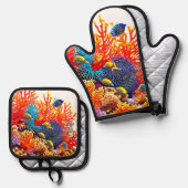 Kleurrijke Onderwater Zee Life Design Ovenwant & Pannenlap Set (Voorkant / Achterkant)