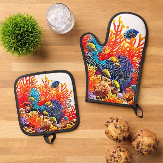 Kleurrijke Onderwater Zee Life Design Ovenwant & Pannenlap Set (Top down)