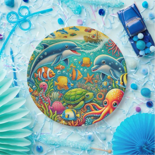 Kleurrijke onderwaterscène met zeeleven papieren bordje (Feest)