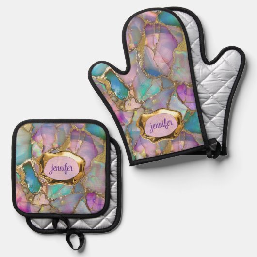 Kleurrijke Opal en Vloeibaar Goud gepersonaliseerd Ovenwant & Pannenlap Set (Voorkant / Achterkant)