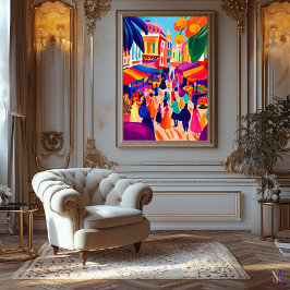 Kleurrijke openluchtmarkt in Fauvistische stijl Canvas Afdruk