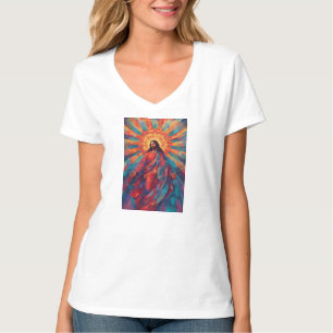 Kleurrijke Opgestane Jezus Christelijke Vrouwen V- T-shirt