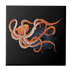 Kleurrijke Oranje Hypnotiserende Octopus Mandala Tegeltje