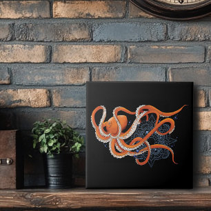 Kleurrijke Oranje Hypnotiserende Octopus Mandala  Tegeltje