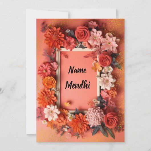 Kleurrijke oranje Mendhi-uitnodiging Kaart (Voorkant)