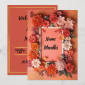 Kleurrijke oranje Mendhi-uitnodiging Kaart (Voorkant / Achterkant)