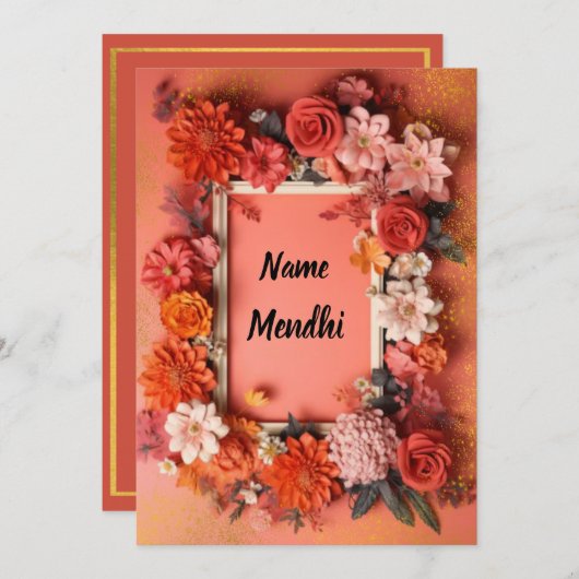 Kleurrijke oranje Mendhi-uitnodiging Kaart (Voorkant / Achterkant)