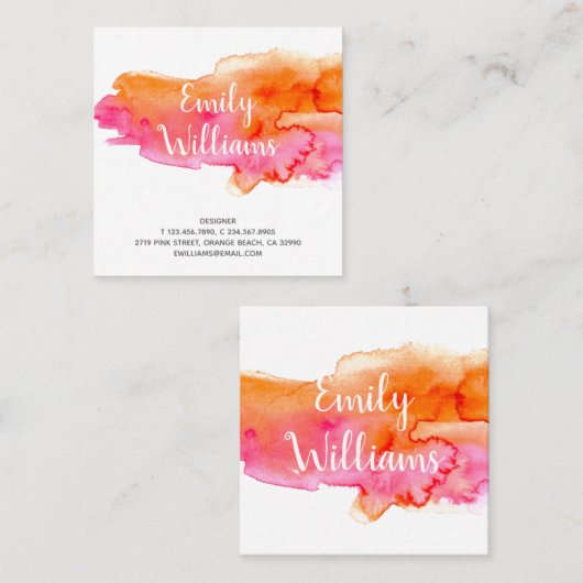 Kleurrijke, Oranje, roze Waterverf Kleurenplastic Vierkante Visitekaartje (Voorkant / Achterkant)