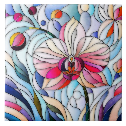 Kleurrijke orchidee bloem mozaïek kunst tegeltje (Voorkant)