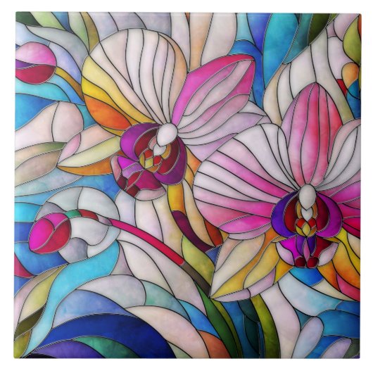 Kleurrijke orchidee bloem mozaïek kunst tegeltje (Voorkant)