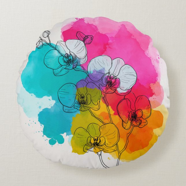 Kleurrijke Orchidee Bloemen Ronde Sierkussen Rond Kussen (Voorkant)