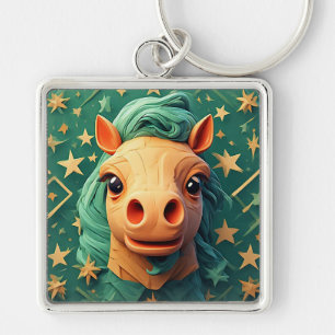 Kleurrijke Origami Paardenkunst met Sterrenachterg Sleutelhanger