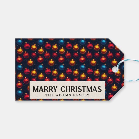 Kleurrijke Ornamenten Custom Merry Christmas Cadeaulabel (Voorkant (Horizontaal))