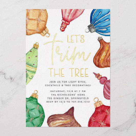 Kleurrijke Ornamenten kerstboomtrimpartij Folie Uitnodiging (Voorkant)