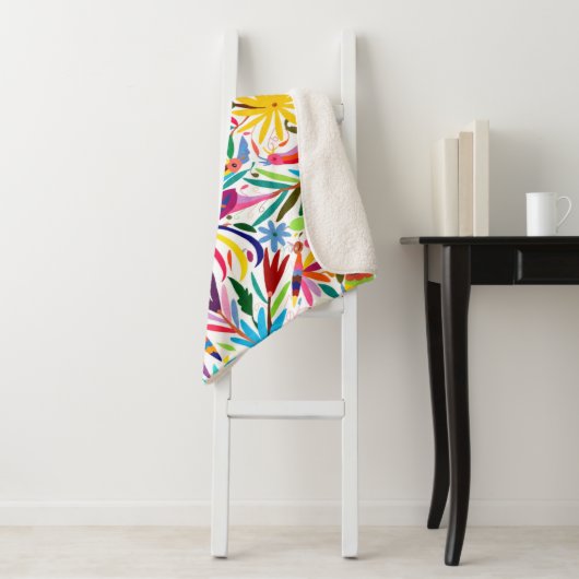 Kleurrijke Otomi-printer, Floral/Animal Pattern Sherpa Deken (In situ)