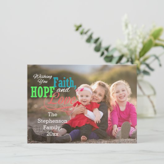 Kleurrijke Overlay Faith Hope Love Foto Kerstmis Feestdagenkaart (Staand voorkant)