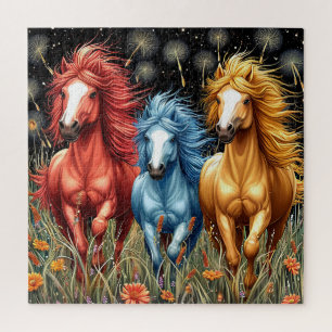 Kleurrijke paarden galopperen door een veld legpuzzel