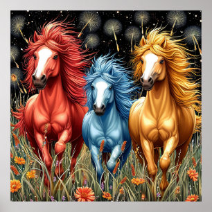 Kleurrijke paarden galopperen door een veld poster