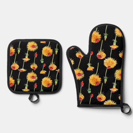 Kleurrijke paardenbloemen en zoete lieveheersbeest ovenwant & pannenlap set (Voorkant)