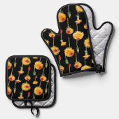 Kleurrijke paardenbloemen en zoete lieveheersbeest ovenwant & pannenlap set (Voorkant / Achterkant)