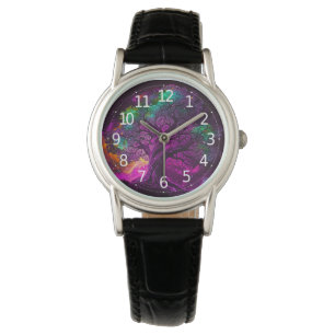 Kleurrijke Paarse Boom Sterren Universum Kunstwerk Horloge