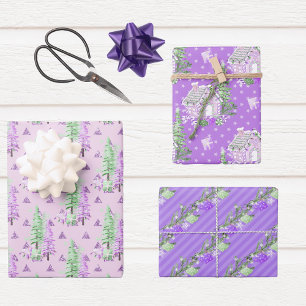 Kleurrijke Paarse Kerstbomen Vakantie Inpakpapier Vel