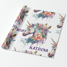 Kleurrijke Paarse magische bloemeneenhoorn Waterve Cadeaupapier