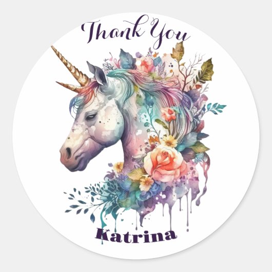 Kleurrijke Paarse magische bloemeneenhoorn Waterve Ronde Sticker (Voorkant)