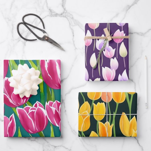 Kleurrijke Paarse rode gele Waterverf tulp Inpakpapier Vel (Voorkant)