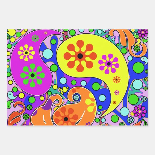 Kleurrijke Paarse Roze Geel Sinaasappel Paisley Fl Inpakpapier Vel (Voorkant)